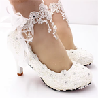 Exquisite White Lace & Pearls 8cm Heel Wedding Lolita Shoes