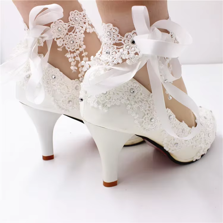 Exquisite White Lace & Pearls 8cm Heel Wedding Lolita Shoes