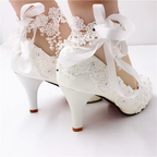 Exquisite White Lace & Pearls 8cm Heel Wedding Lolita Shoes