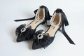 Black Satin Lolita Stiletto Heel Pumps with Pearl Straps
