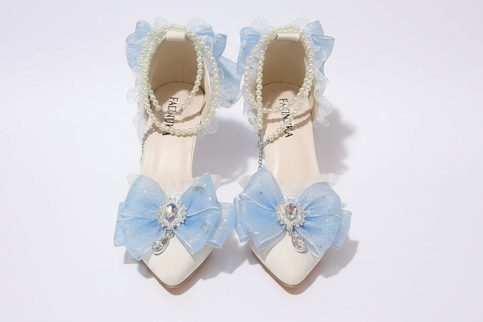 White Wedding Embellished Stiletto Heels with Blue or Pink Decal