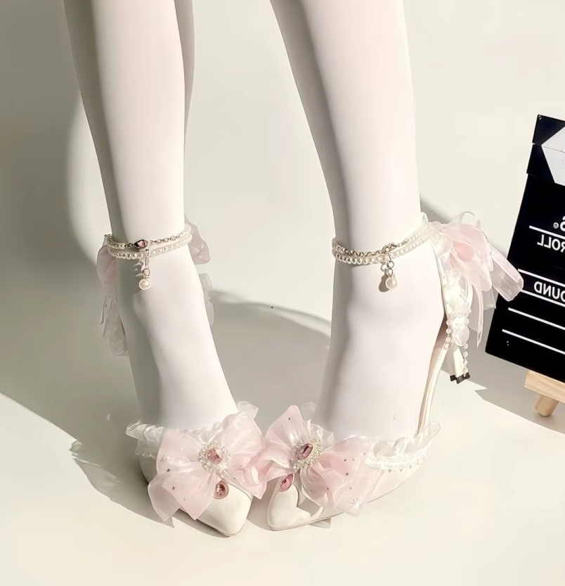 White Wedding Embellished Stiletto Heels with Blue or Pink Decal