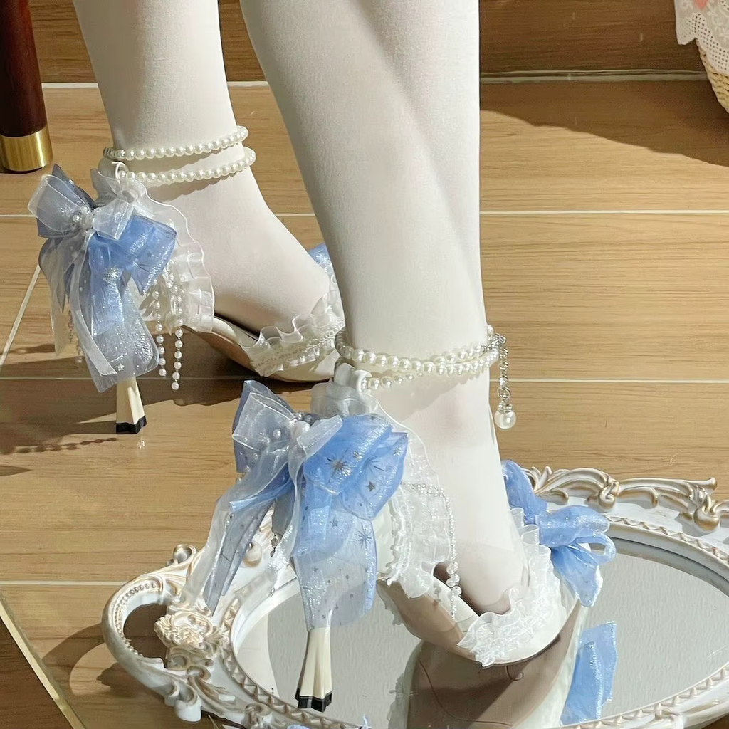 White Wedding Embellished Stiletto Heels with Blue or Pink Decal
