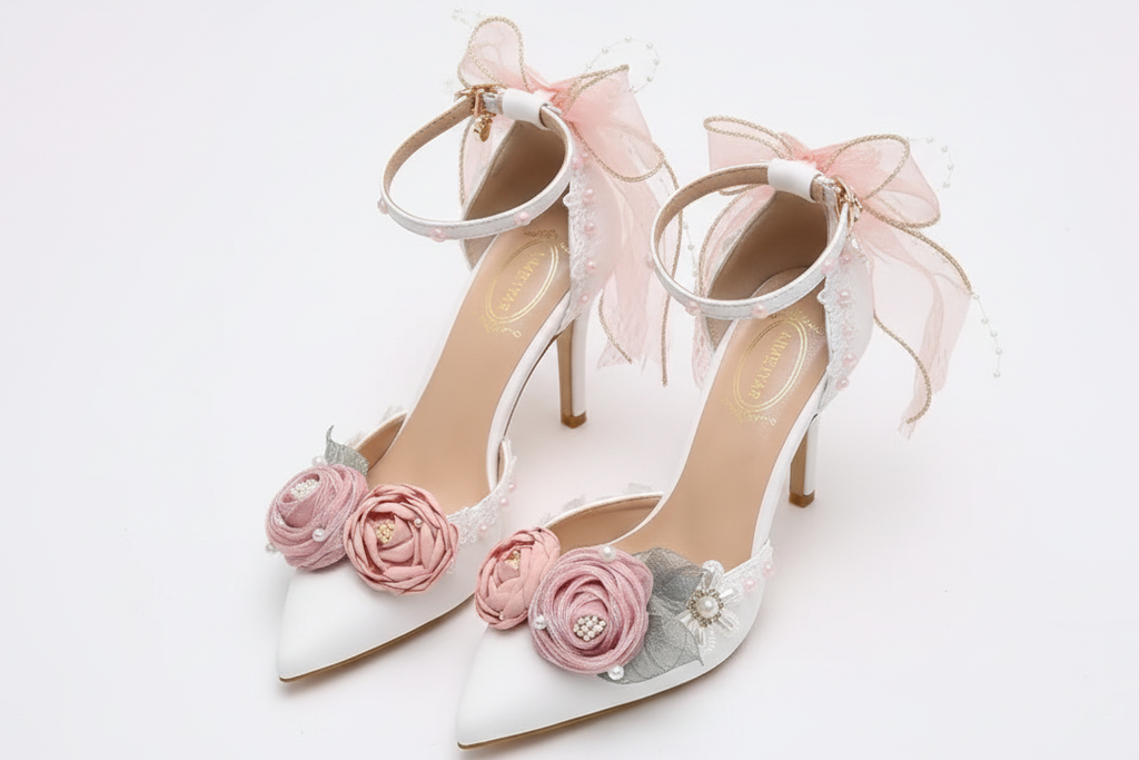 Luxury Lolita White Wedding Heels with Pink or Purple Decal