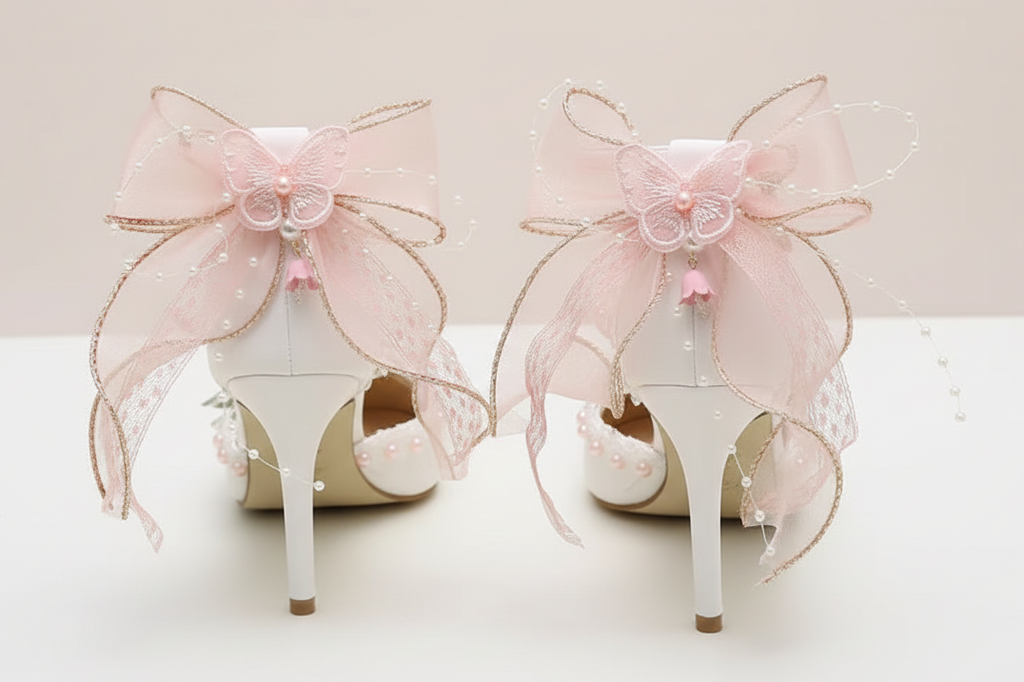 Luxury Lolita White Wedding Heels with Pink or Purple Decal