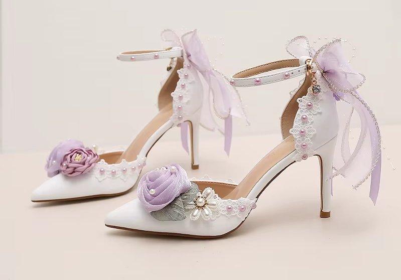Luxury Lolita White Wedding Heels with Pink or Purple Decal