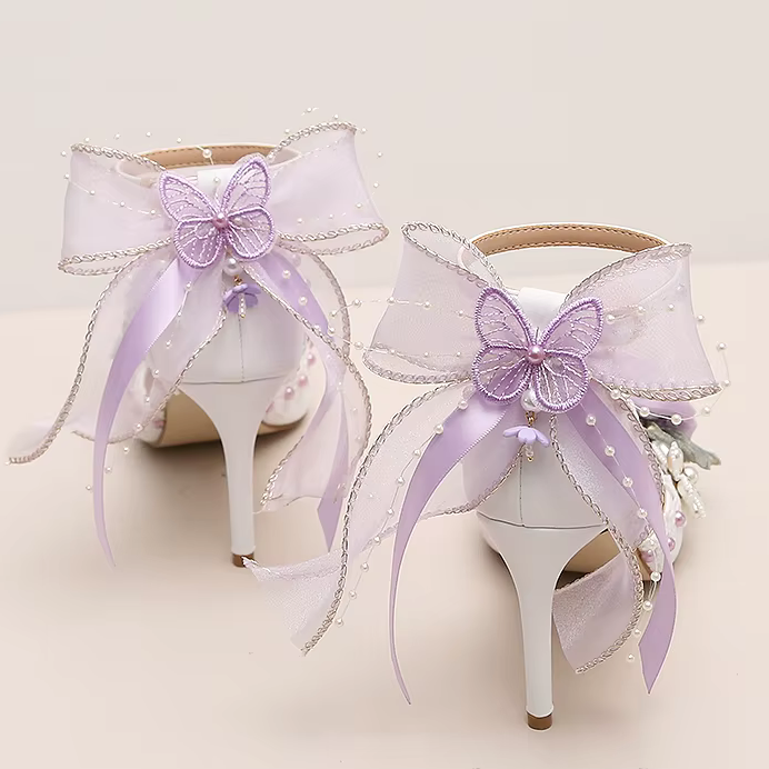 Luxury Lolita White Wedding Heels with Pink or Purple Decal