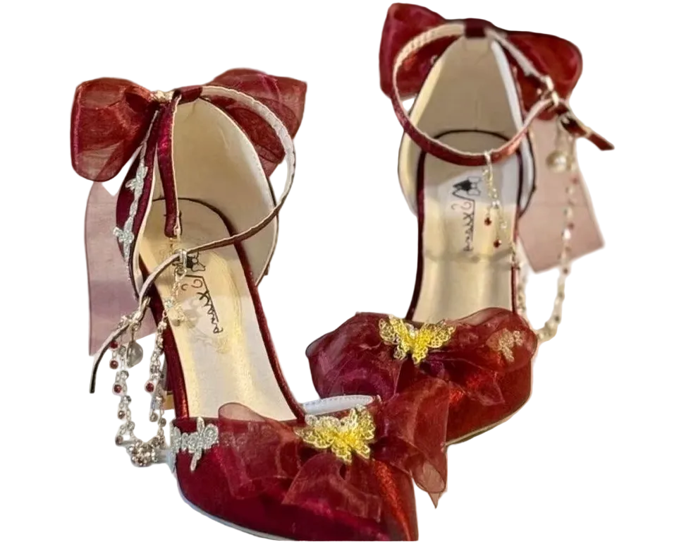 Red Luxury Stiletto Heel Pumps with Gold Butterfly & Silver Charms