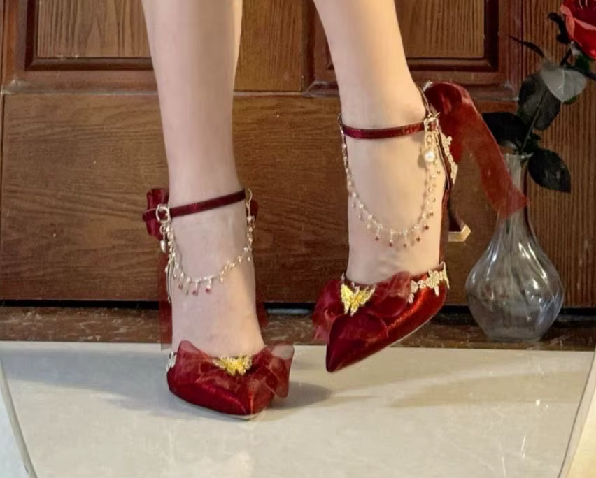 Red Luxury Stiletto Heel Pumps with Gold Butterfly & Silver Charms
