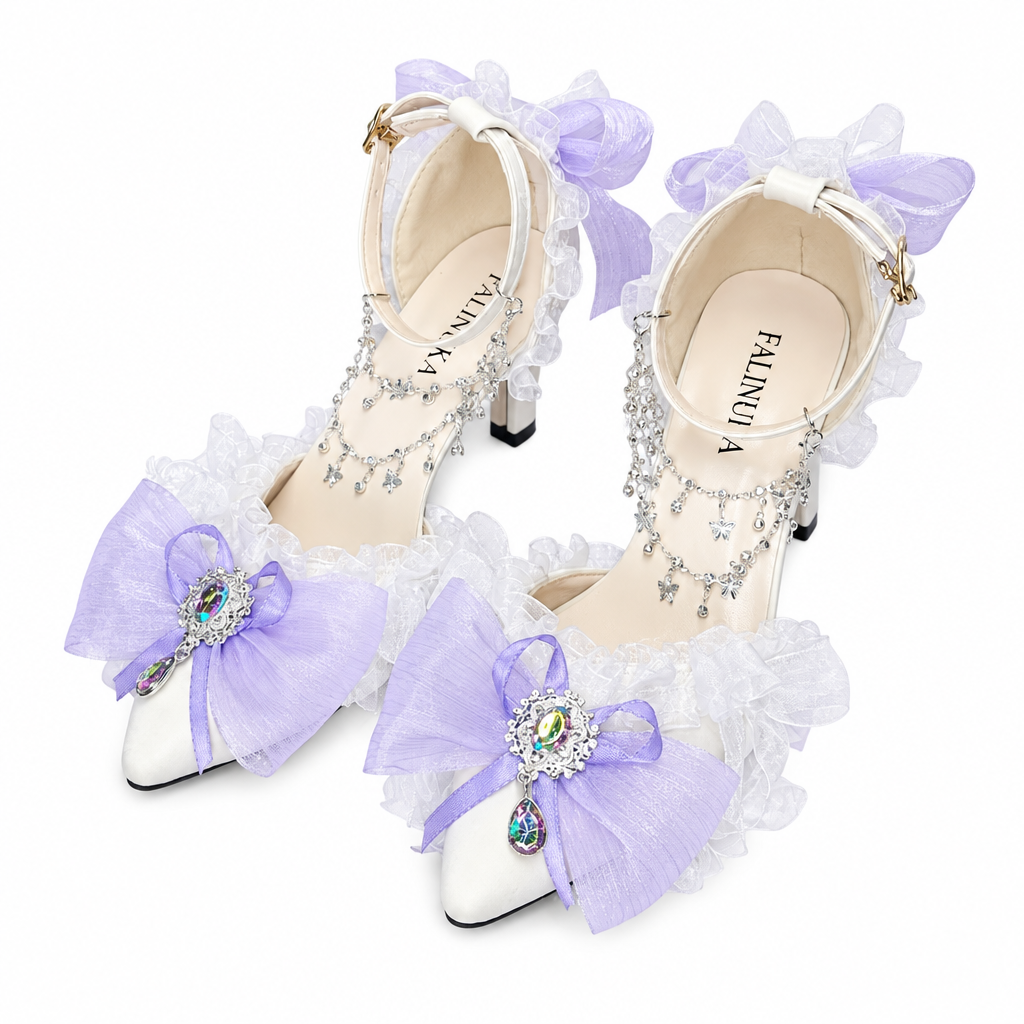 Embellished White Lolita Pumps with Lilac Bows & Jewels
