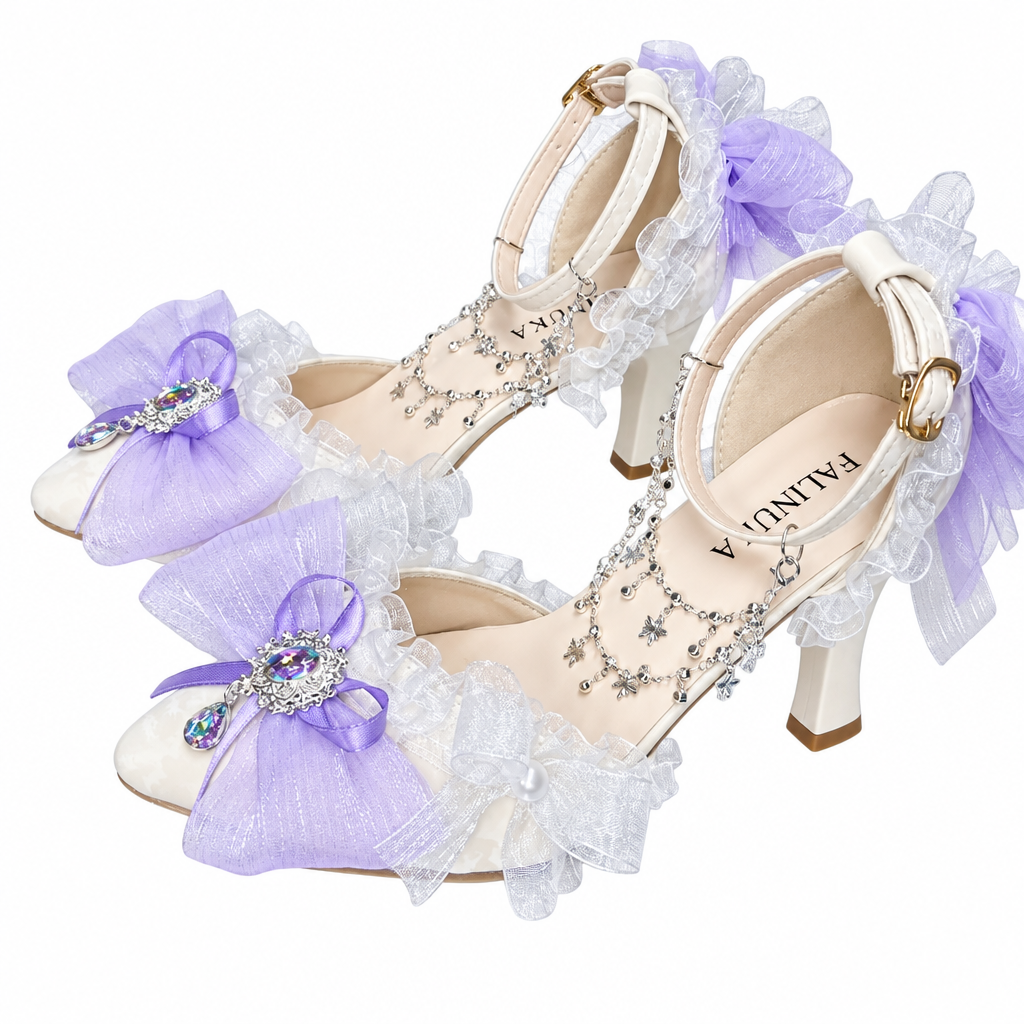 Embellished White Lolita Pumps with Lilac Bows & Jewels