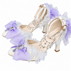 Embellished White Lolita Pumps with Lilac Bows & Jewels