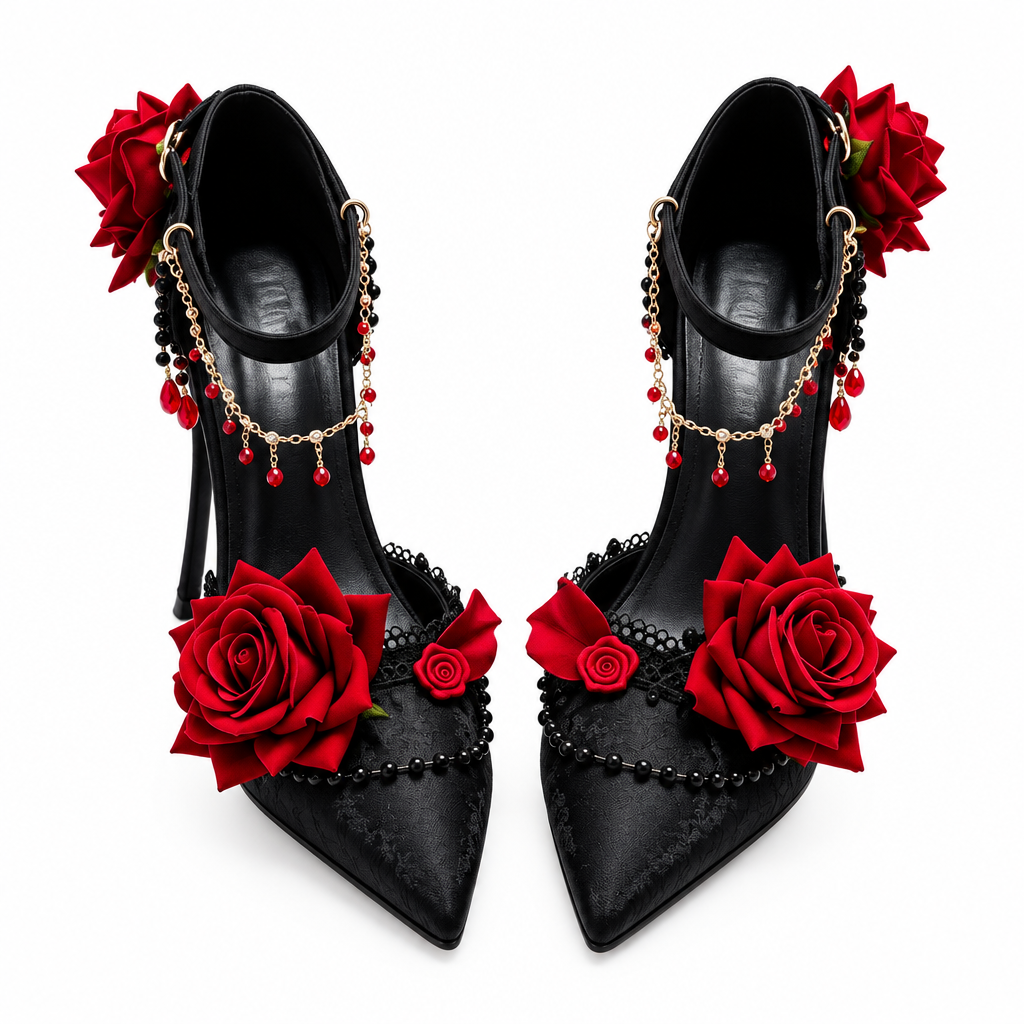 Black Goth Y2K Stiletto Heels with 3D Red Roses & Charms