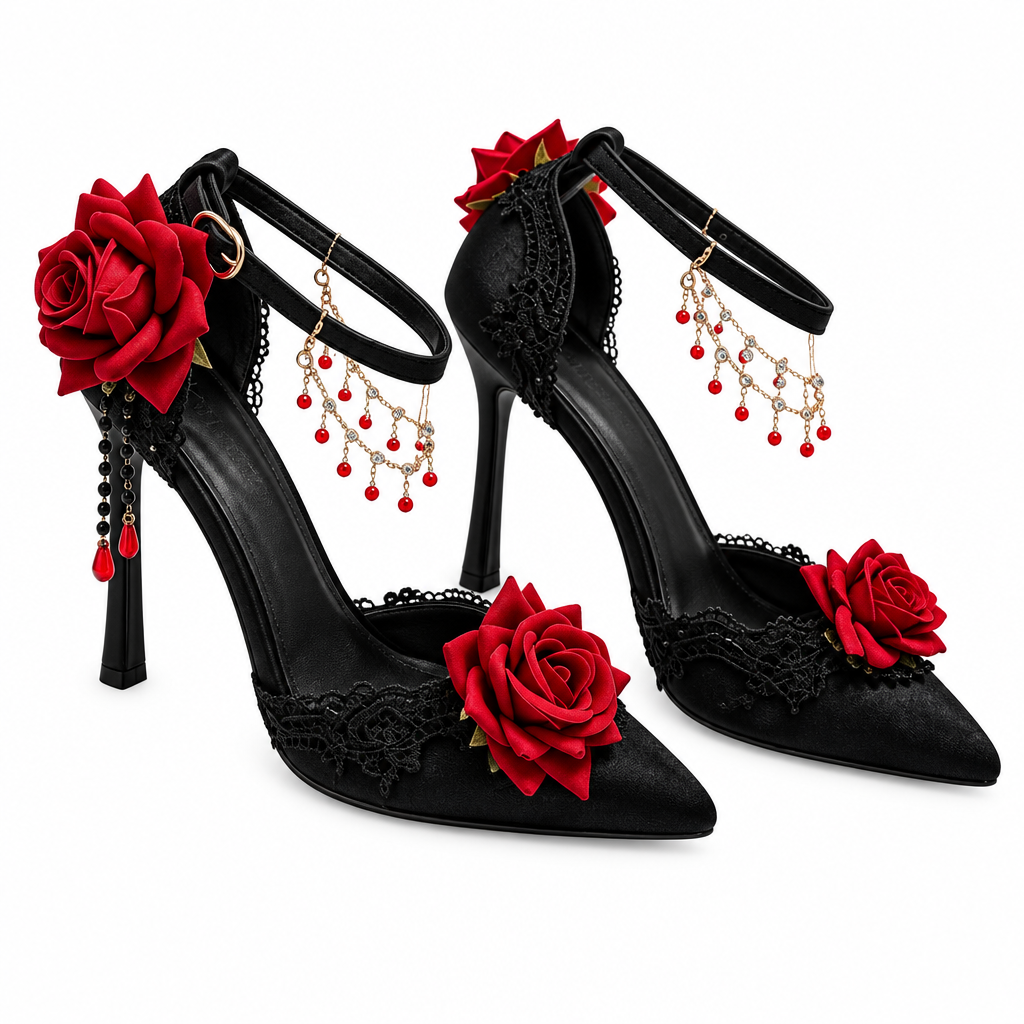 Black Goth Y2K Stiletto Heels with 3D Red Roses & Charms