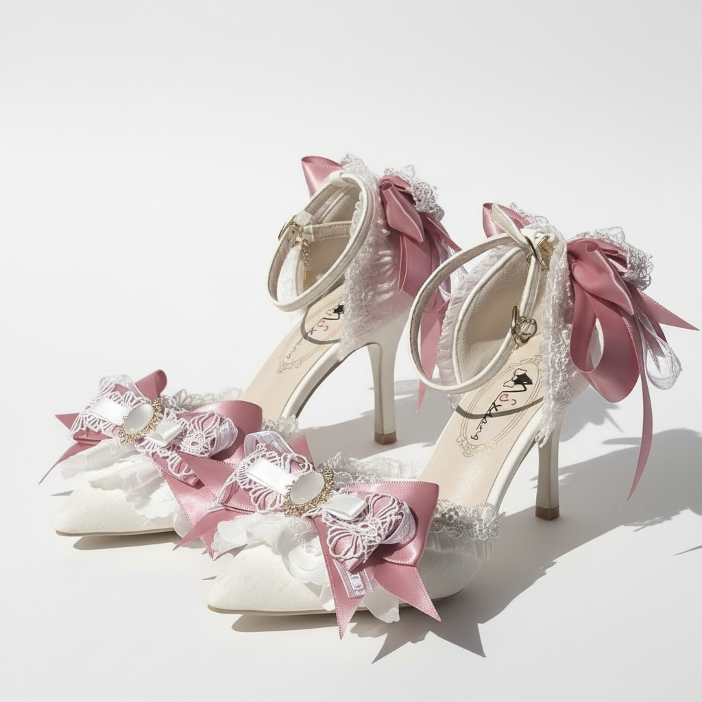 Lolita High Heel Wedding with Pink Bows & Matching Bag