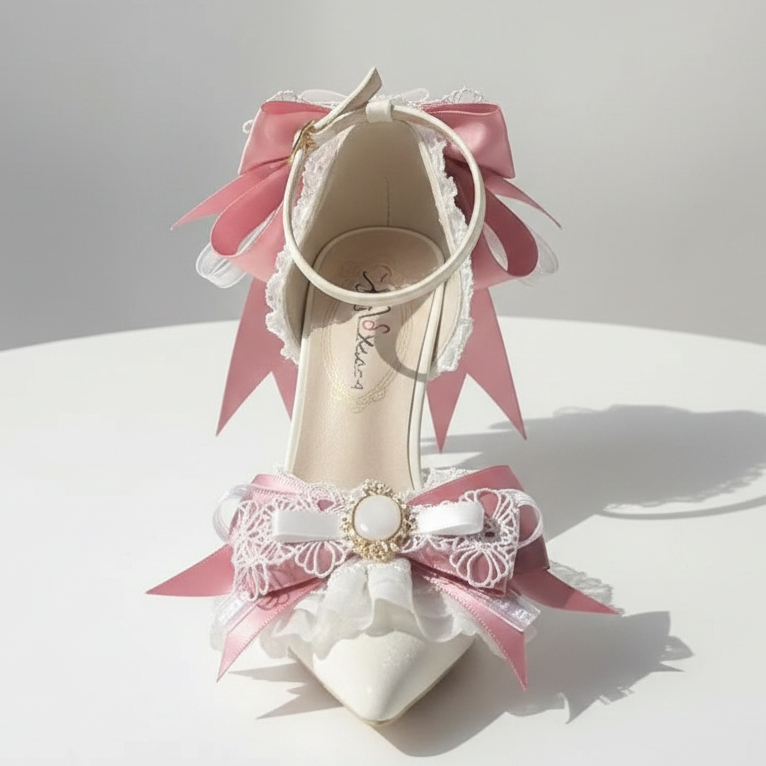 Lolita High Heel Wedding with Pink Bows & Matching Bag