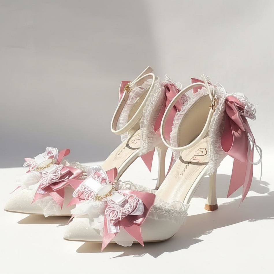Lolita High Heel Wedding with Pink Bows & Matching Bag