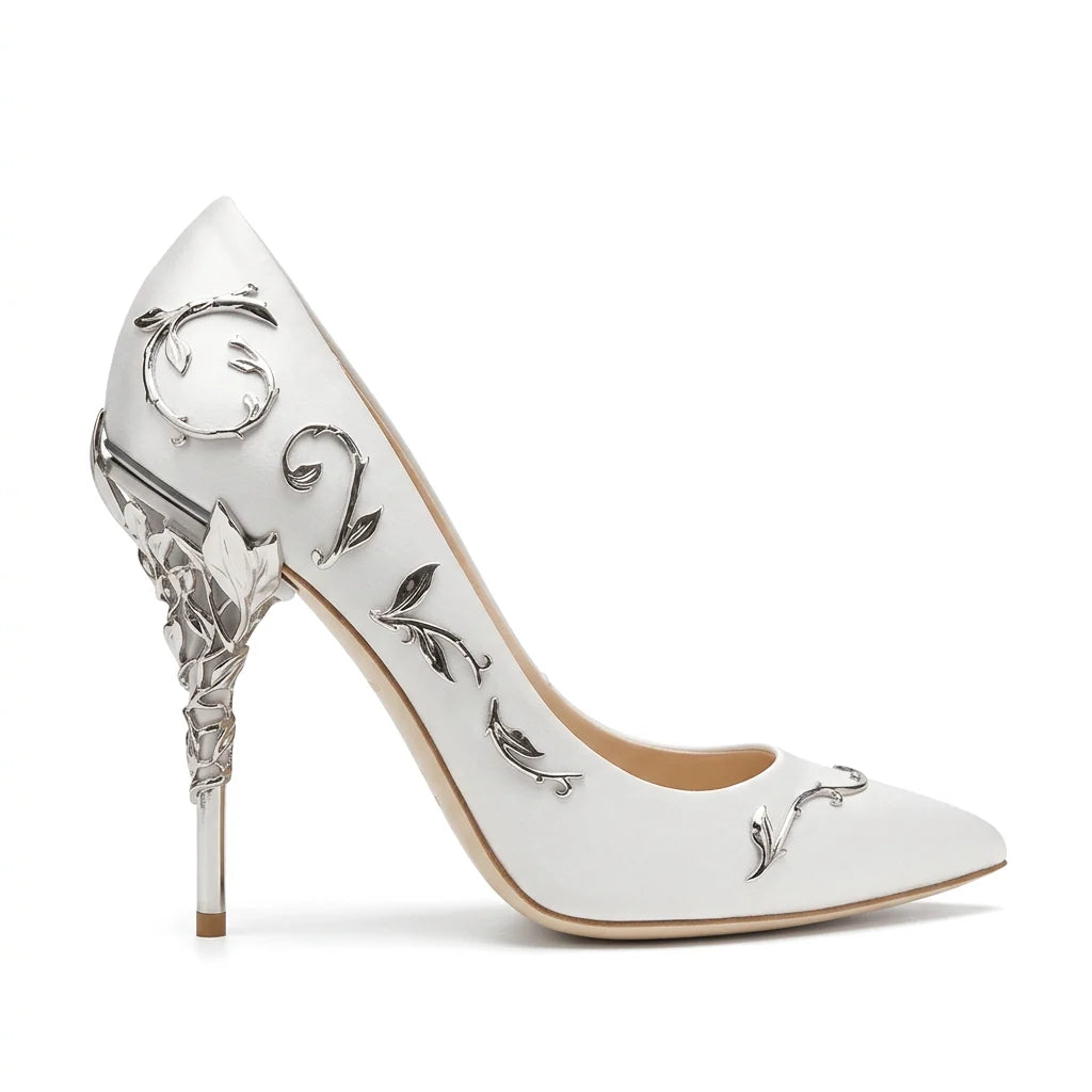 Designer Ivory Satin Wedding Pumps with Silver Leaf & 10cm Stiletto Heels