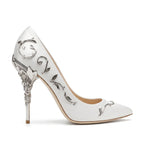 Designer Ivory Satin Wedding Pumps with Silver Leaf & 10cm Stiletto Heels
