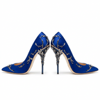 Deluxe Blue Satin Stiletto Pumps with Silver Leaf Pattern