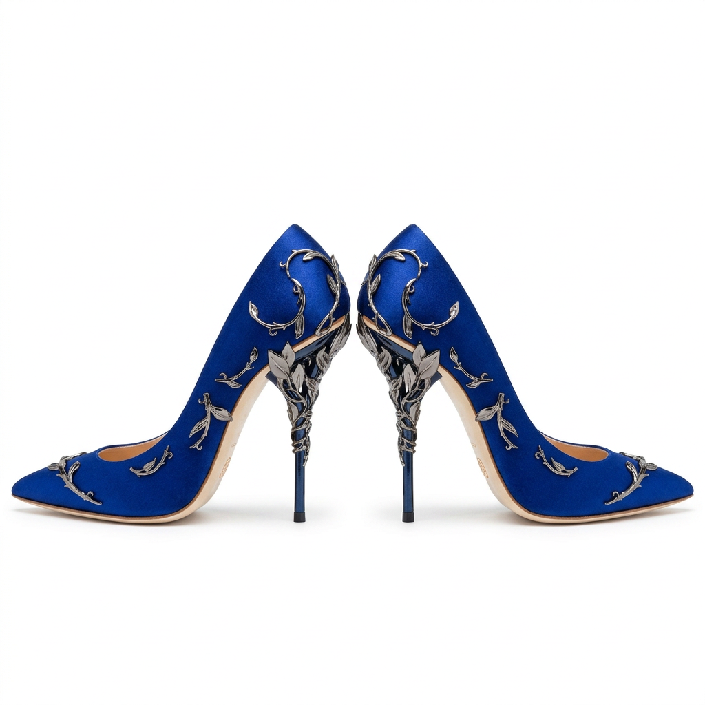 Deluxe Blue Satin Stiletto Pumps with Silver Leaf Pattern