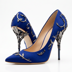 Deluxe Blue Satin Stiletto Pumps with Silver Leaf Pattern
