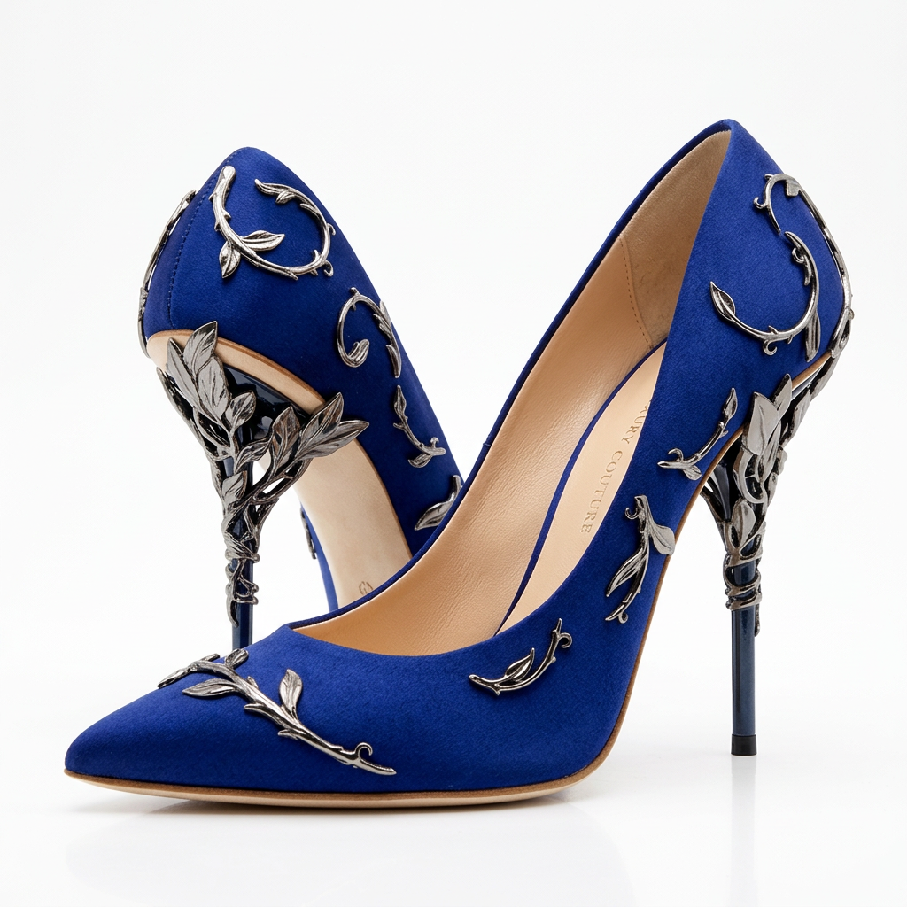 Deluxe Blue Satin Stiletto Pumps with Silver Leaf Pattern
