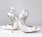 Designer Ivory Satin Wedding Pumps with Silver Leaf & 10cm Stiletto Heels