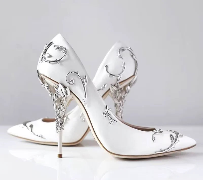 Designer Ivory Satin Wedding Pumps with Silver Leaf & 10cm Stiletto Heels