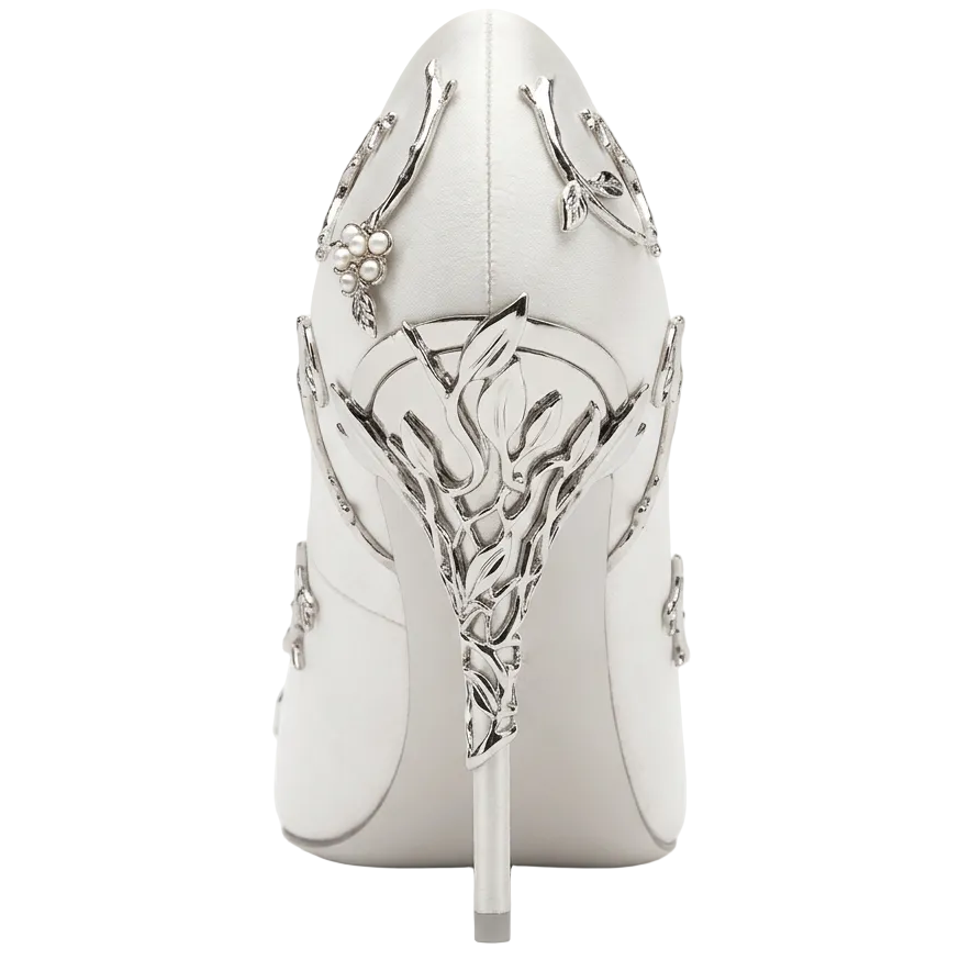 Designer Ivory Satin Wedding Pumps with Silver Leaf & 10cm Stiletto Heels