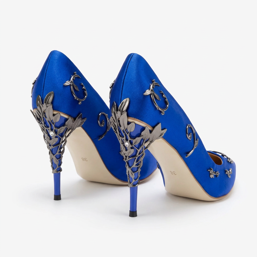 Deluxe Blue Satin Stiletto Pumps with Silver Leaf Pattern