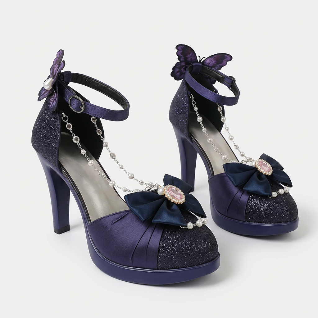 A pair of women's high-heeled platform shoes in dark navy blue and black glitter, decorated with purple butterfly embellishments, a large satin bow, and clear ankle straps with chain details.