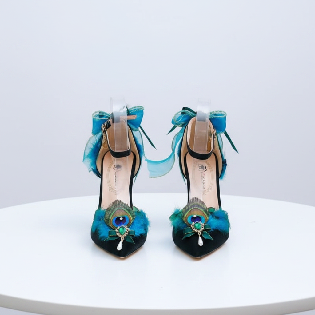 A pair of black pointed-toe high heels decorated with bright blue and teal feathers, peacock feather details, and green jeweled embellishments, displayed on a sparkly white surface.