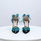 Elegant Peacock Feather High Heel Shoes with Bow