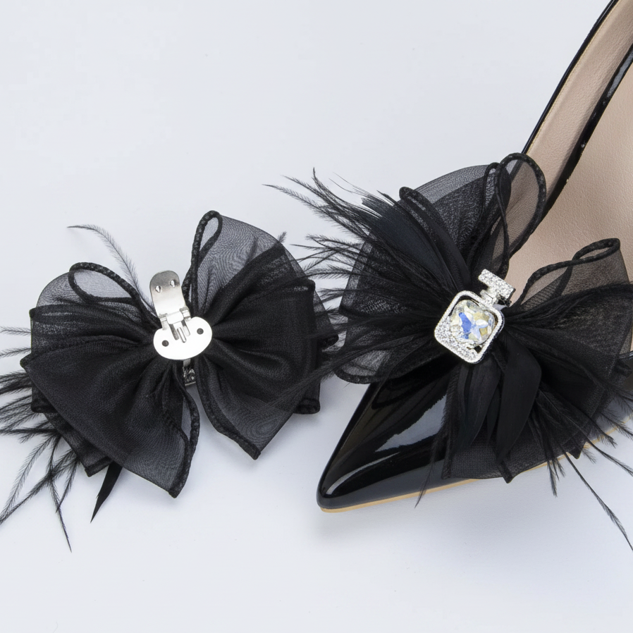 Black Bow with Feathers & Jewel Shoe Charms