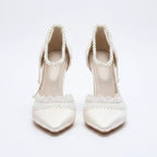 Elegant Ivory White Satin Lolita Wedding Shoes with Pearl Strap