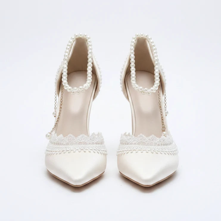 Elegant Ivory White Satin Lolita Wedding Shoes with Pearl Strap