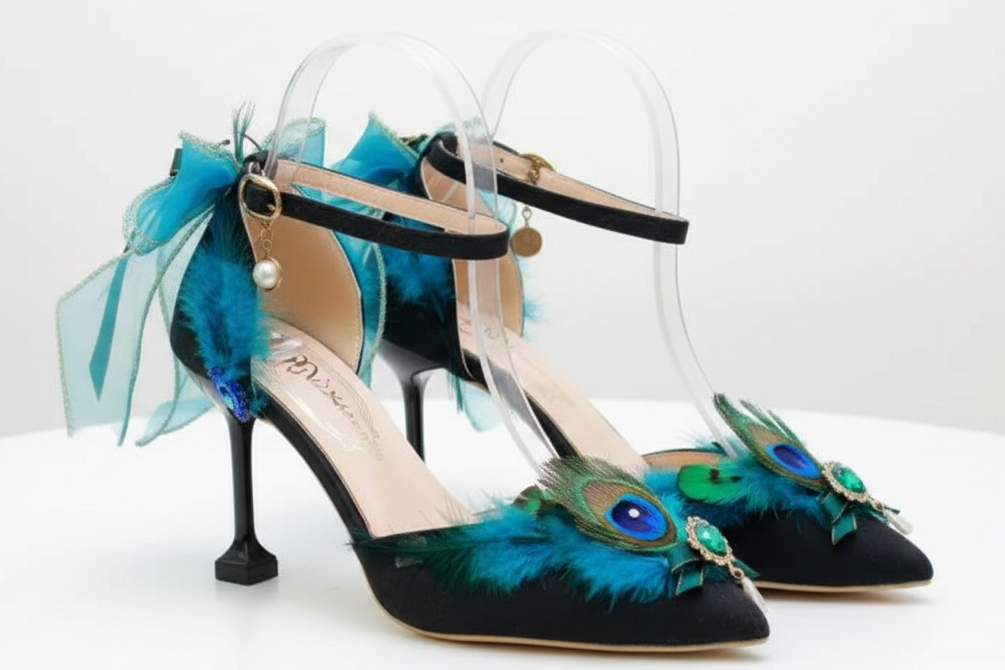 Elegant Peacock Feather High Heel Shoes with Bow