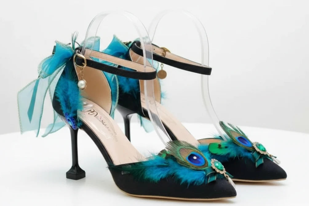 Elegant Peacock Feather High Heel Shoes with Bow