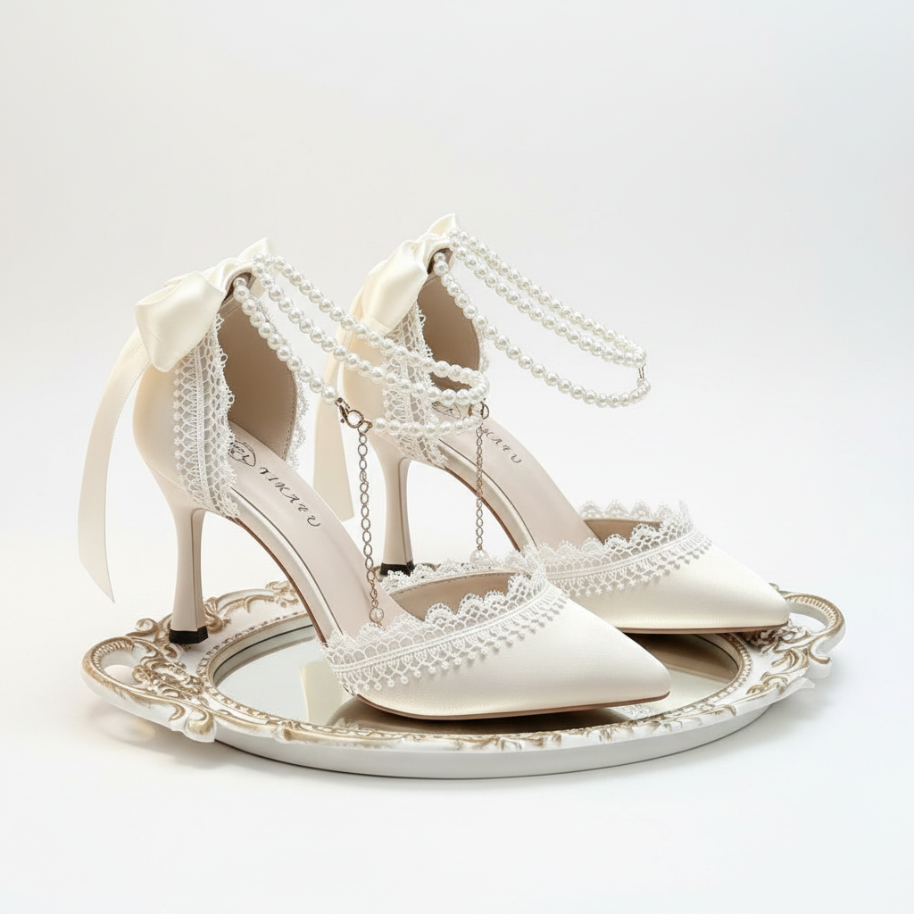 A pair of ivory satin high-heeled shoes with pearl bead straps, lace trim, and ribbon bows, displayed on an ornate round mirror tray.