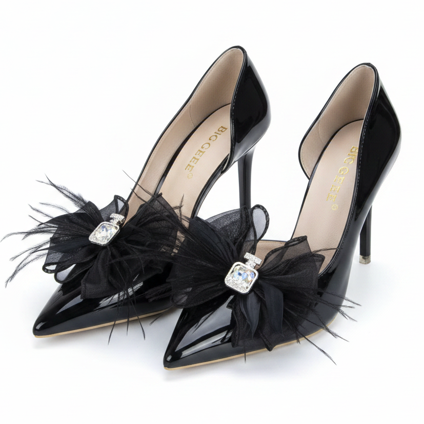 Black Bow with Feathers & Jewel Shoe Charms