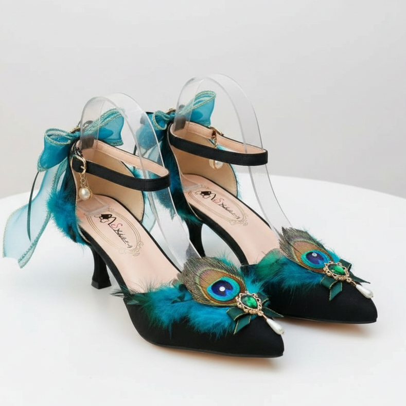 Elegant Peacock Feather High Heel Shoes with Bow