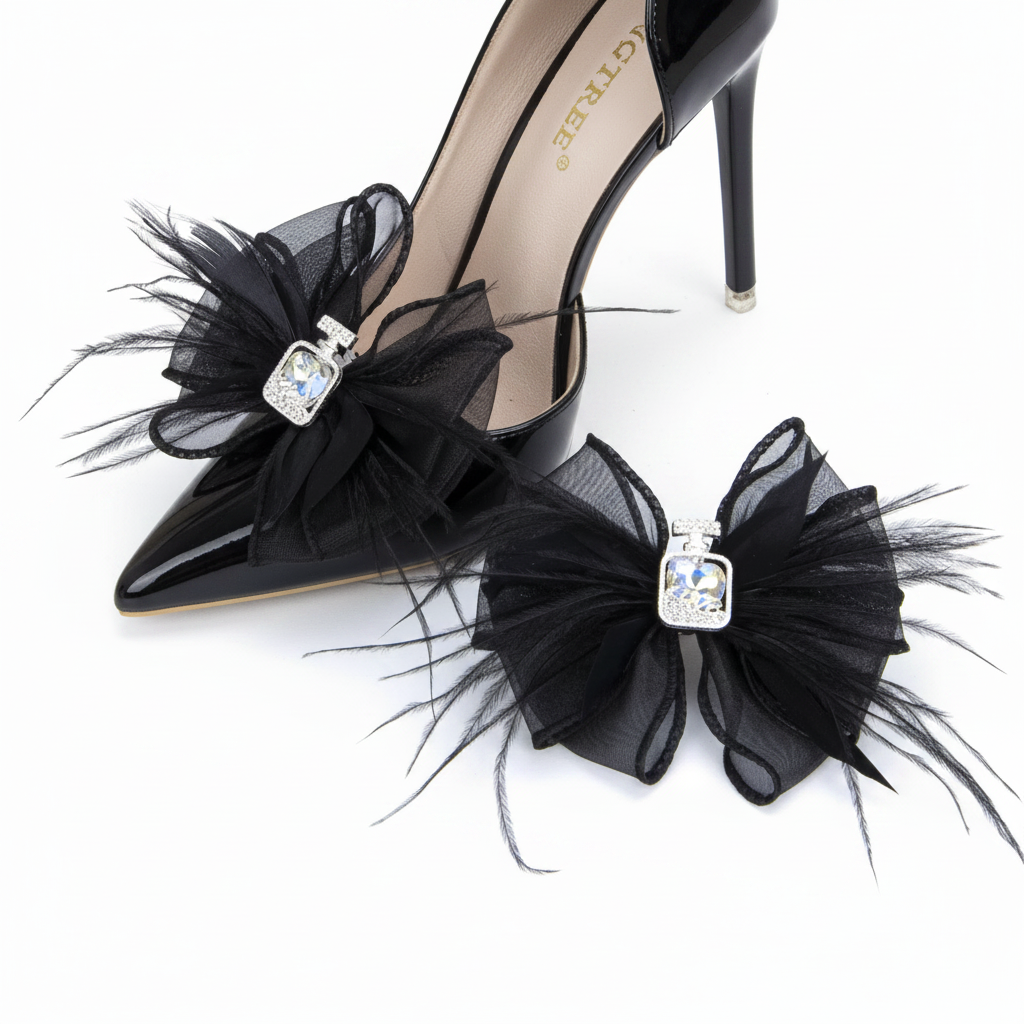 Black Bow with Feathers & Jewel Shoe Charms