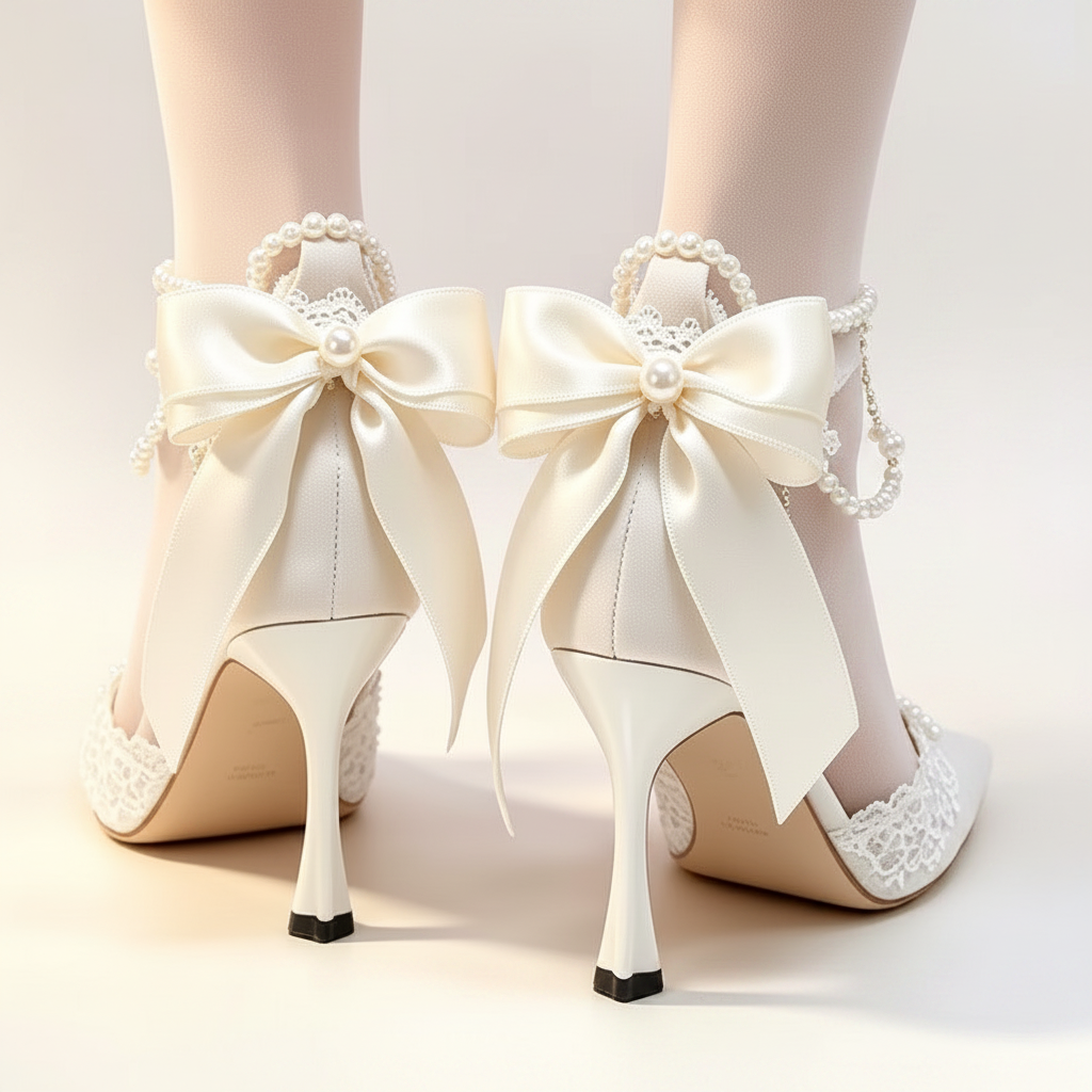 A pair of women's high-heeled pump shoes shown on feet, featuring large cream satin bow details, pearl bead ankle straps, lace trim on the toes, and slim pointed heels with black tips.