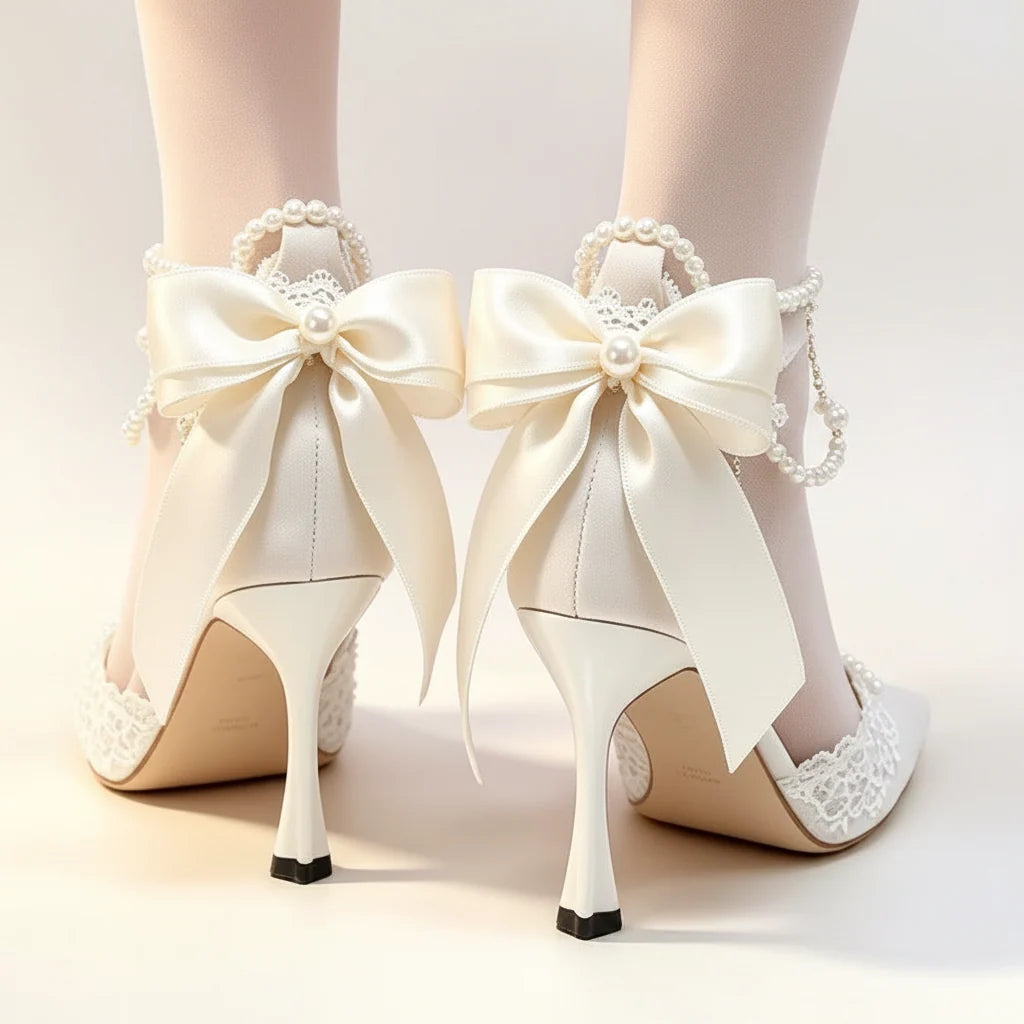 Elegant Ivory White Satin Lolita Wedding Shoes with Pearl Strap