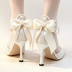 Elegant Ivory White Satin Lolita Wedding Shoes with Pearl Strap