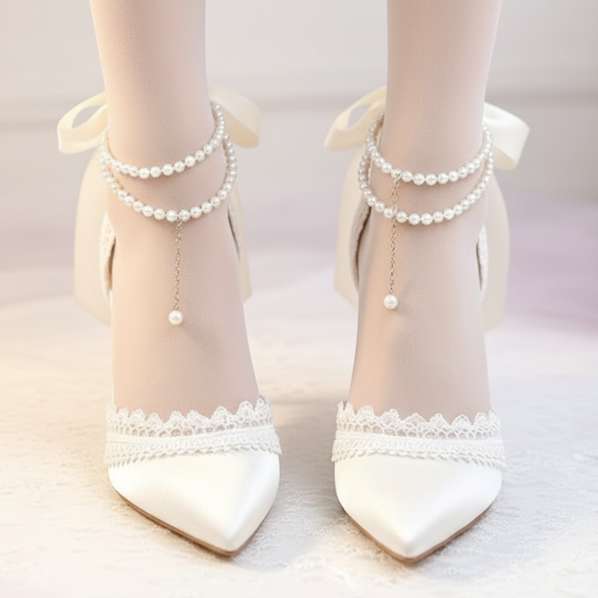 A pair of pointed-toe high heels worn on feet, featuring cream satin uppers, lace trim, pearl ankle straps, and large ribbon bows, shown against a soft light background.