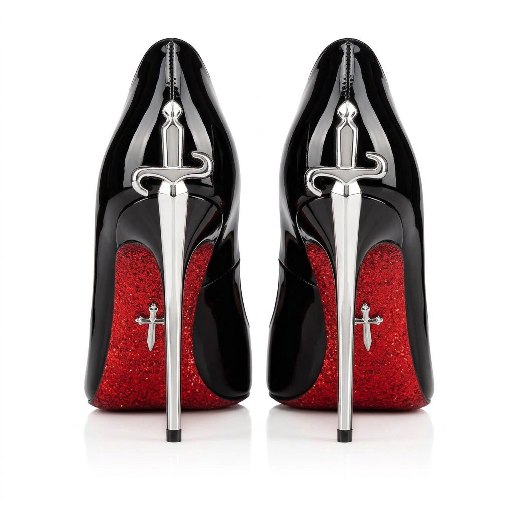 Black Leather Pumps with Gold Sword Stiletto 12cm Heel & Red Sole