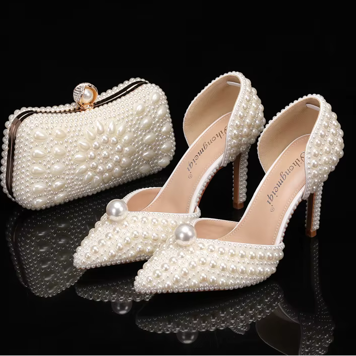 Designer Pearl Ivory High Heel Wedding Shoes & Matching Bag