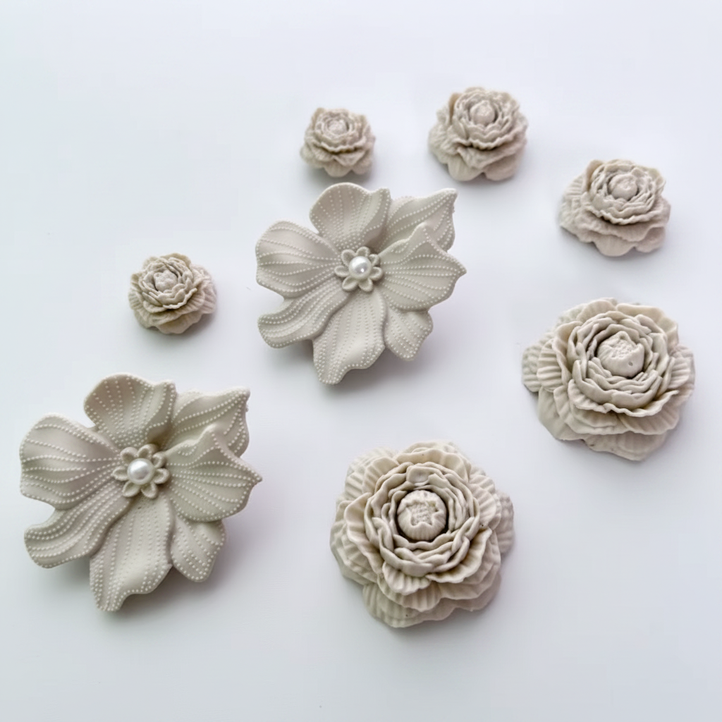 Set of beige floral earrings on a white surface with 'Kigali' magazine in the background.